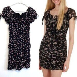 ULTRA FLIRT Black Burgundy Butterfly Print Mesh Tie Neck Y2K Ruched Mini Dress M
